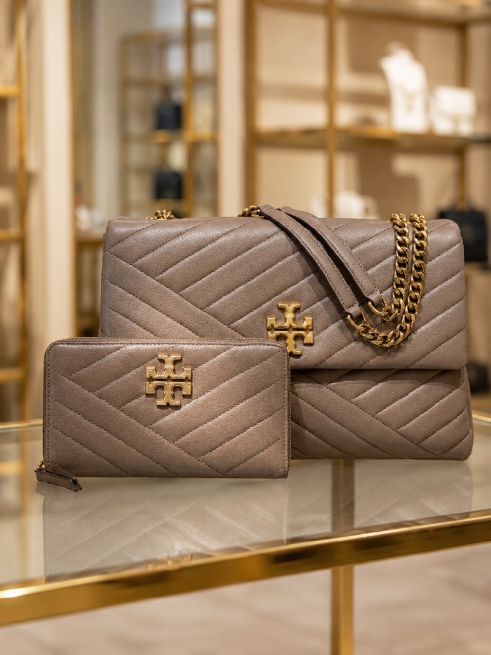 NEW Tory Burch Kira Chevron Classic Taupe Convertible Shoulder Bag + Long Wallet